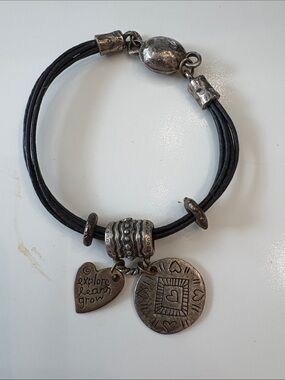 Vintage Boho Black Cord Multi-Strand Charm Bracelet - “Explore Learn Grow" Charm
